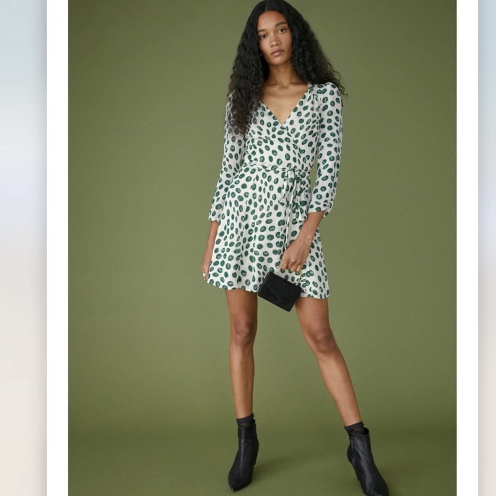 Reformation White Wrap Mini Dress with Green Spot Print